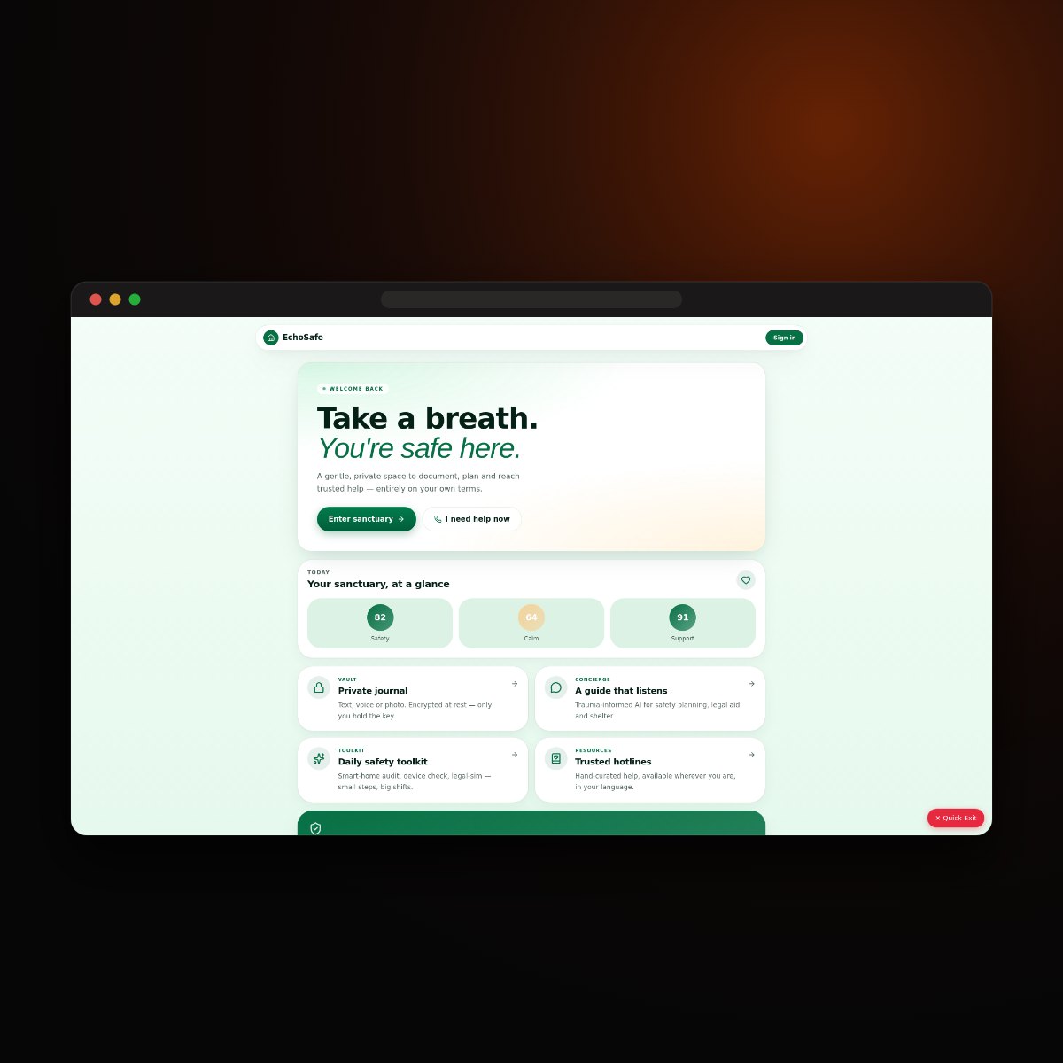 EchoSafe Sanctuary home screen