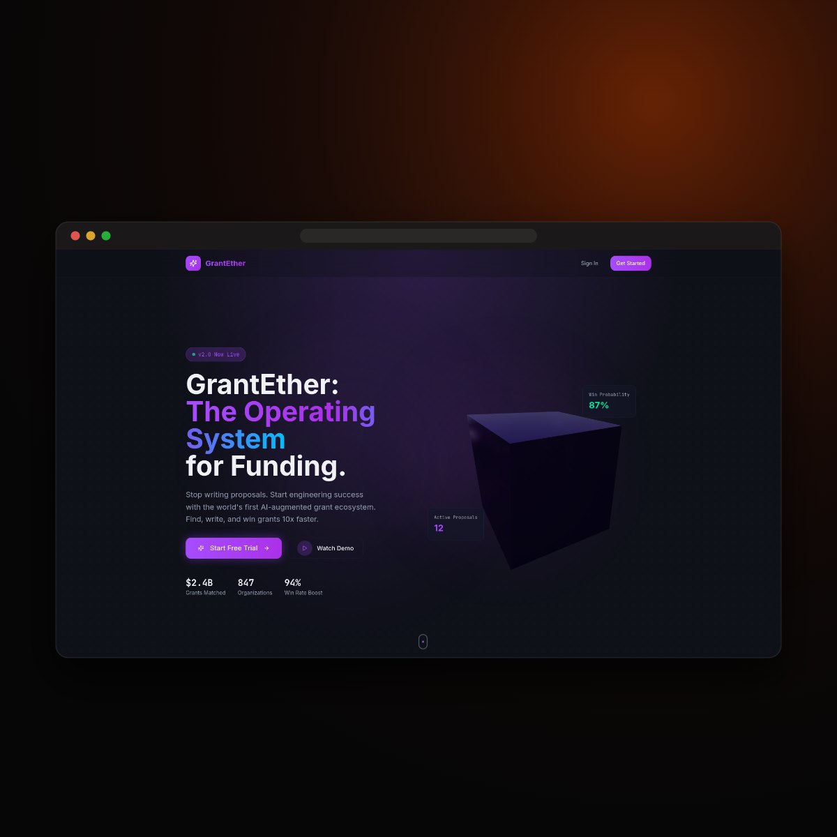 GrantEther home screen
